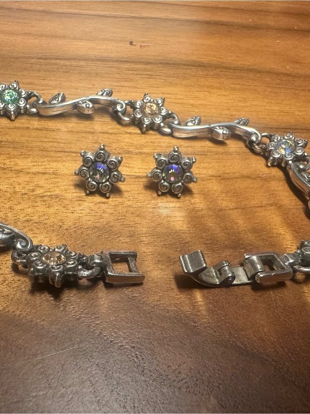 Brighton Silver-Tone Floral Bracelet & Earrings with Iridescent Crystals